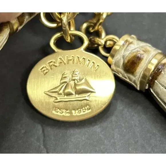 Brahmin Double Tassel Bag Charm Key Fob Gold Gray Brown Leather Neutral Color - Picture 2 of 4